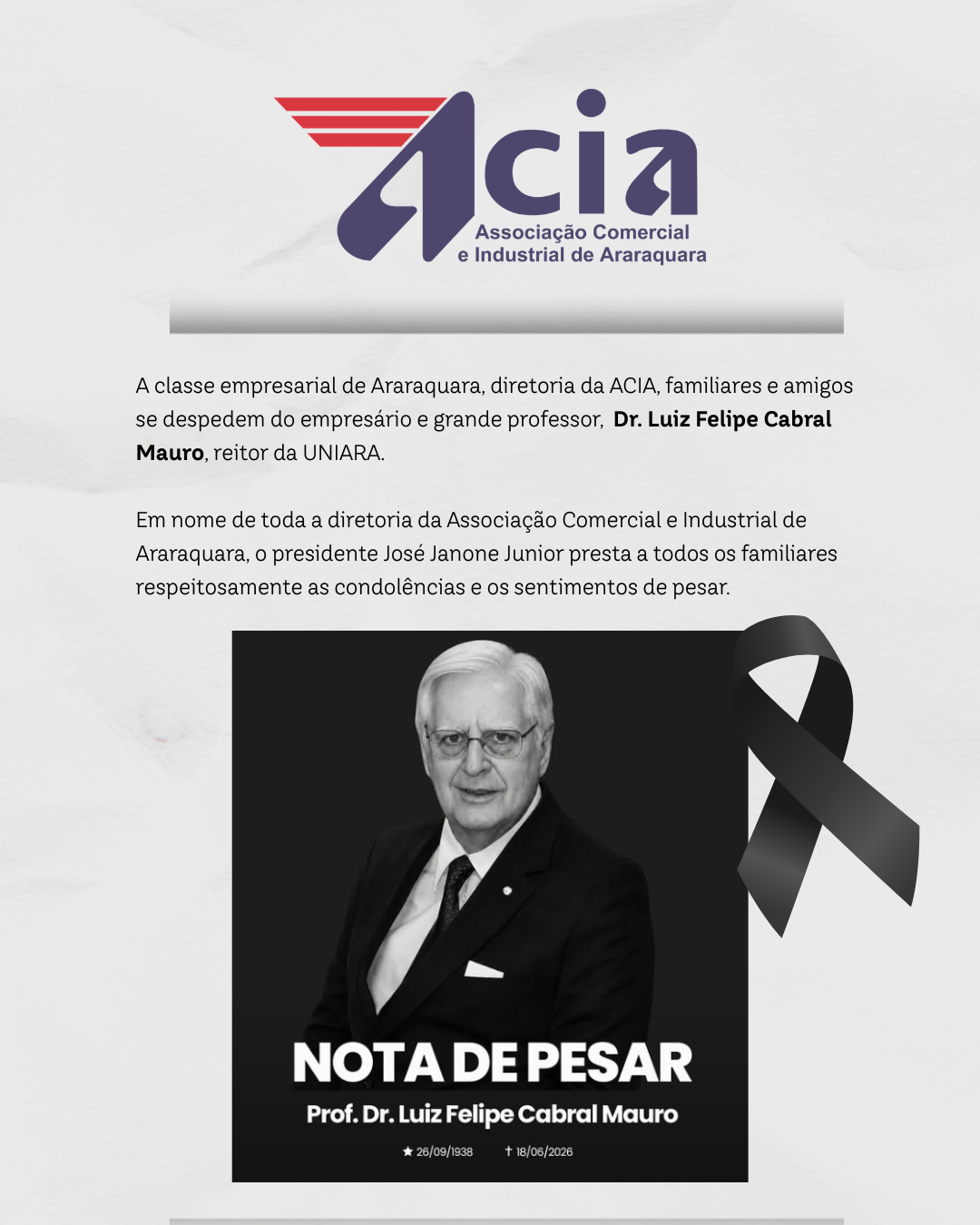 Falecimento do Empresário Professor Dr. Luiz Felipe Cabral Mauro